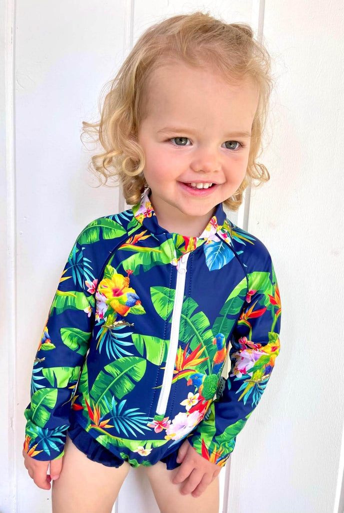 Baby Swimsuit With Snaps (Nappy Change) - Lorikeet Love - Tribe Tropical