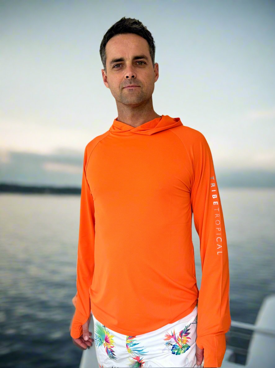 Men s Bright Orange Long Sleeve Sun Hoodie UPF50 Outdoor Protection Men s Bright Orange Long Sleeve Sun Hoodie UPF50 Outdoor Protection