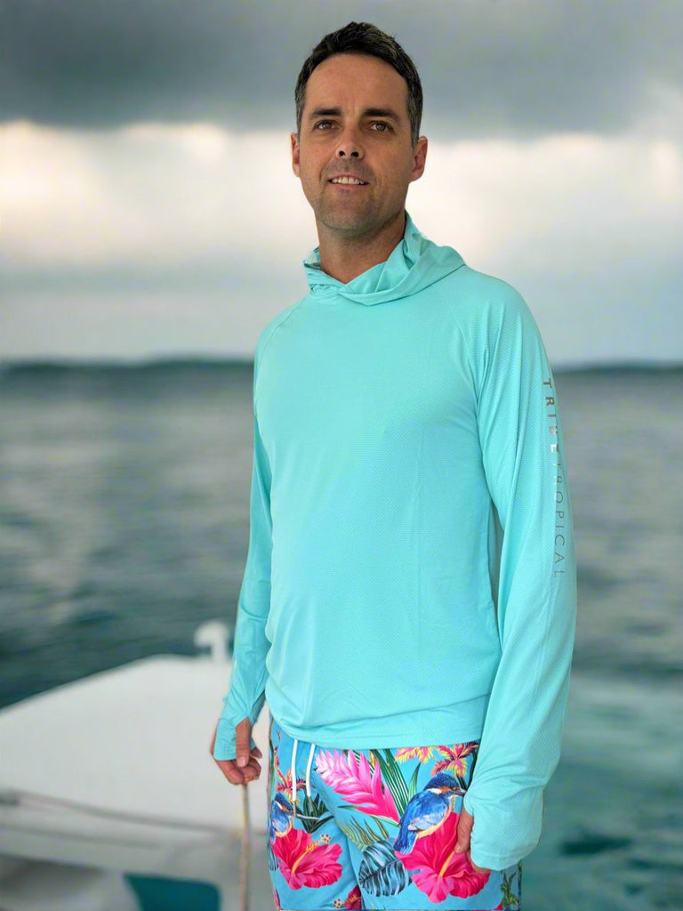 Adult Long - Sleeve Sun Hoodie - Light Turquoise Blue (Relaxed Fit) - Tribe Tropical