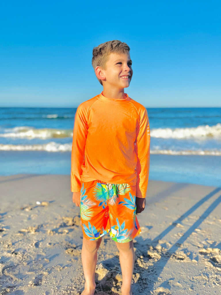 Boys Board Shorts - Finch Fiesta | Neon Orange - Tribe Tropical