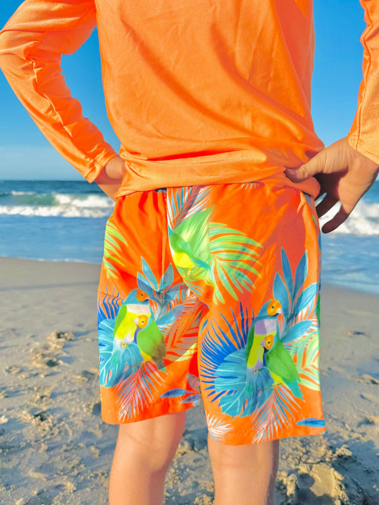Boys Board Shorts - Finch Fiesta | Neon Orange - Tribe Tropical