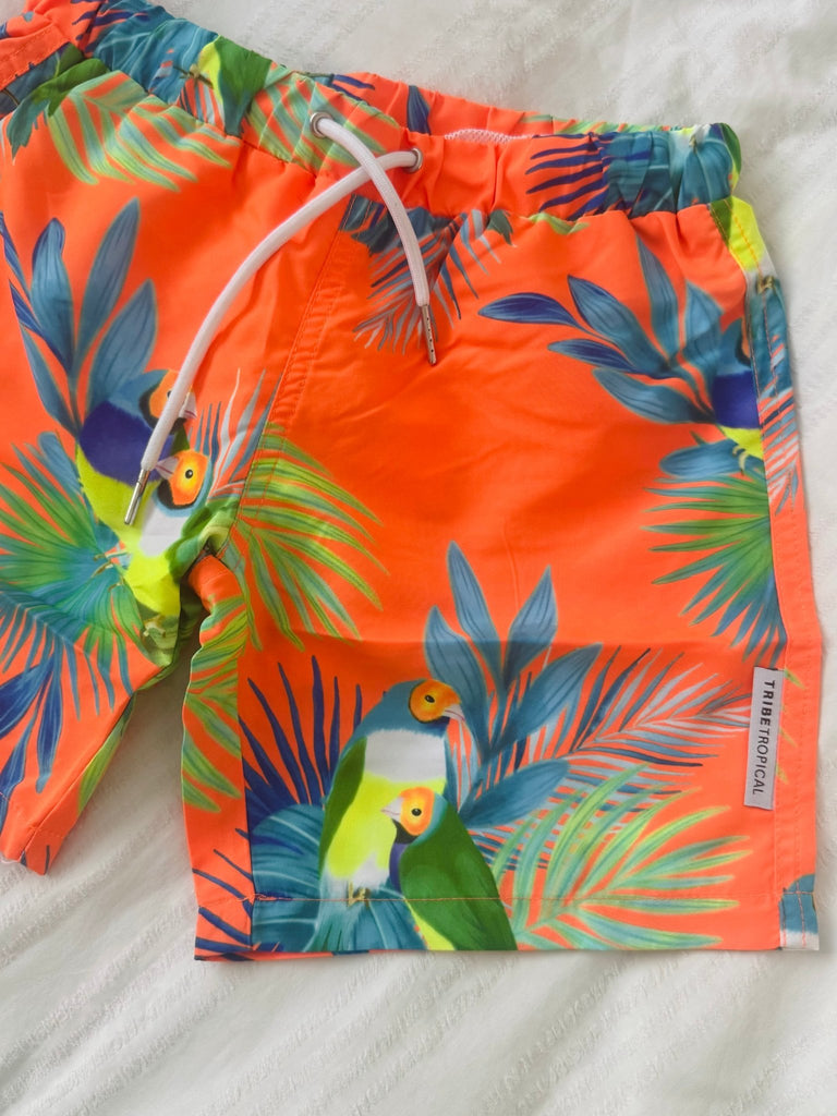 Boys Board Shorts - Finch Fiesta | Neon Orange - Tribe Tropical