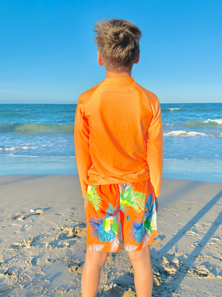 Boys Board Shorts - Finch Fiesta | Neon Orange - Tribe Tropical