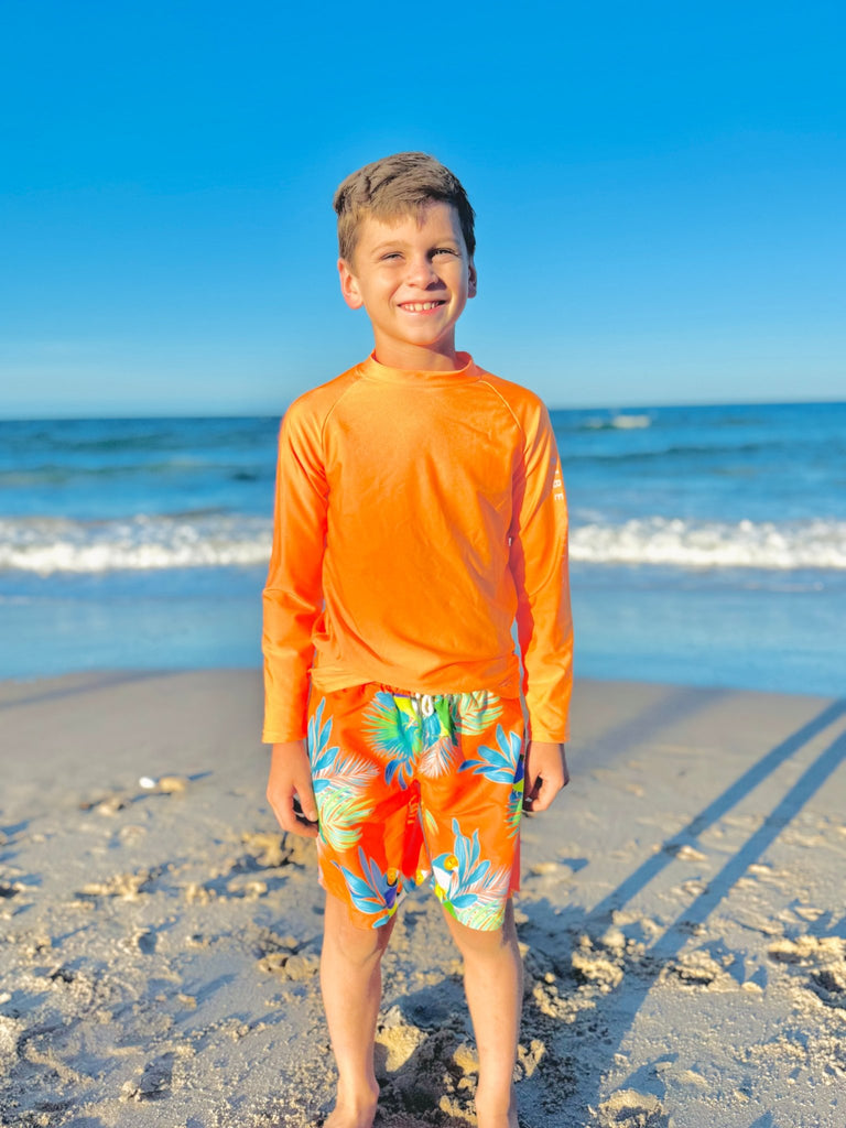 Boys Board Shorts - Finch Fiesta | Neon Orange - Tribe Tropical