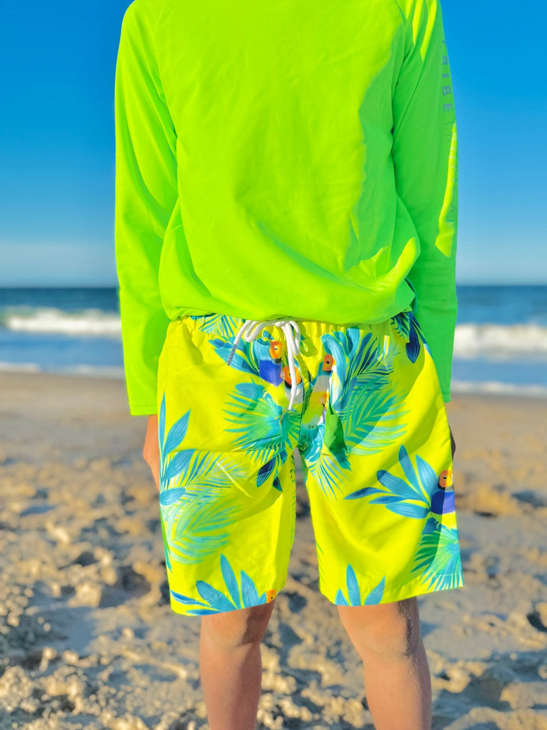 Boys Board Shorts - Finch Fiesta | Neon Yellow - Tribe Tropical