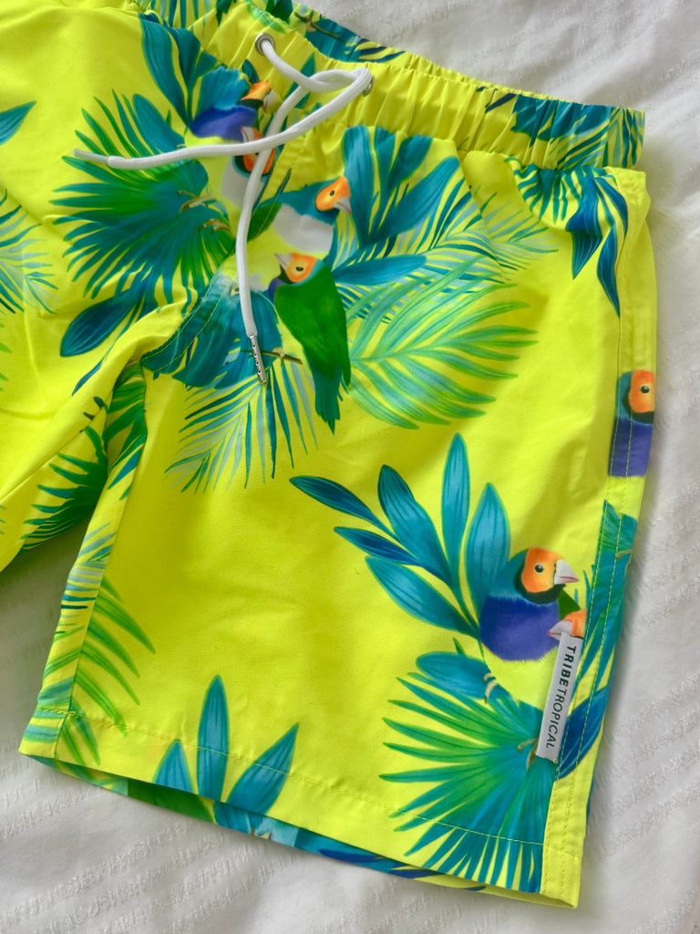Boys Board Shorts - Finch Fiesta | Neon Yellow - Tribe Tropical