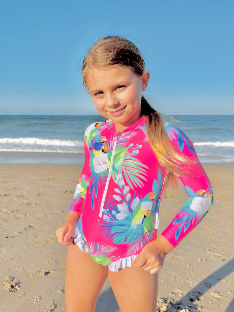 Girls Long Sleeve Swimsuit - Finch Fiesta | Bright Pink - Tribe Tropical