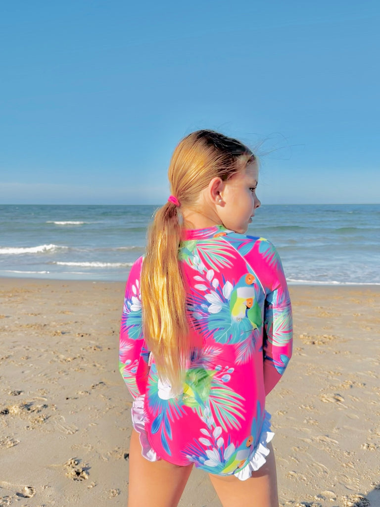 Girls Long Sleeve Swimsuit - Finch Fiesta | Bright Pink - Tribe Tropical