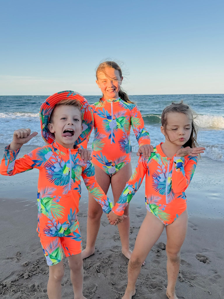Girls Long Sleeve Swimsuit - Finch Fiesta | Neon Orange - Tribe Tropical