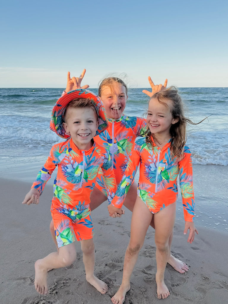 Girls Long Sleeve Swimsuit - Finch Fiesta | Neon Orange - Tribe Tropical