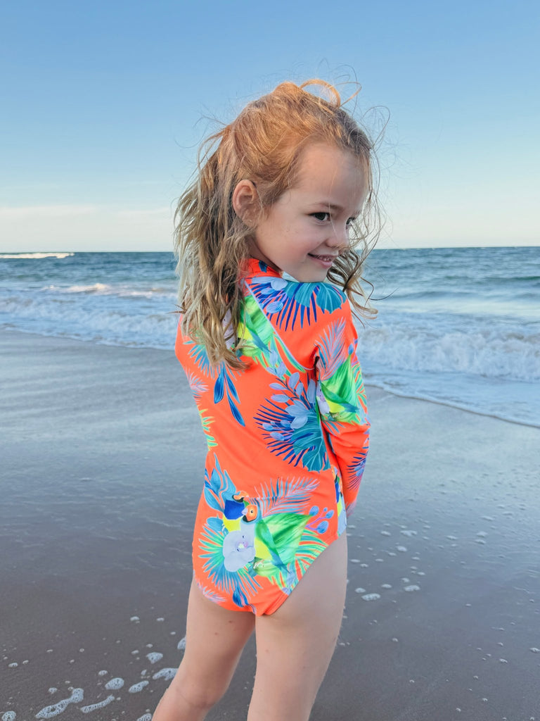 Girls Long Sleeve Swimsuit - Finch Fiesta | Neon Orange - Tribe Tropical