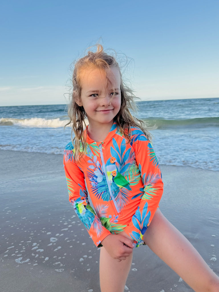 Girls Long Sleeve Swimsuit - Finch Fiesta | Neon Orange - Tribe Tropical