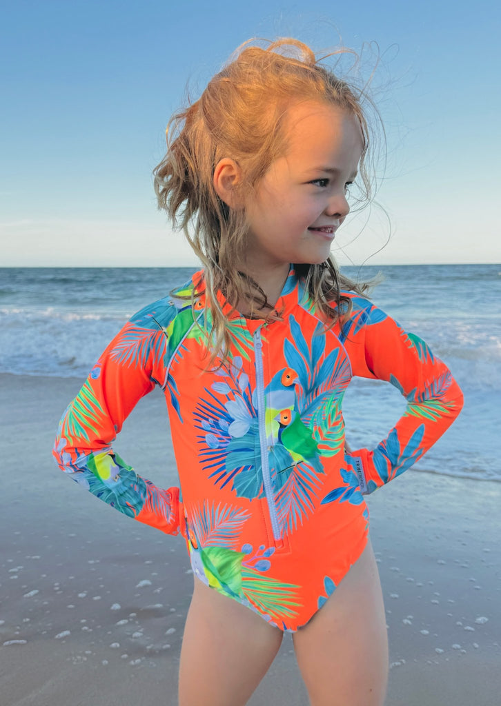 Girls Long Sleeve Swimsuit - Finch Fiesta | Neon Orange - Tribe Tropical