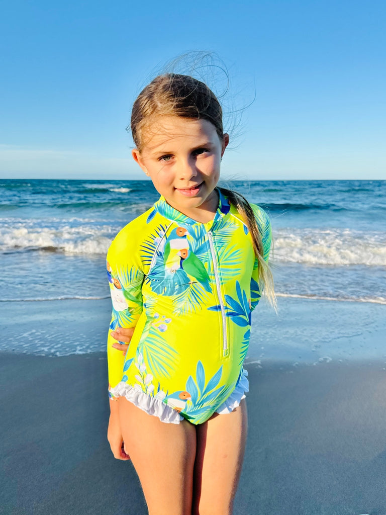 Girls Long Sleeve Swimsuit - Finch Fiesta | Neon Yellow - Tribe Tropical