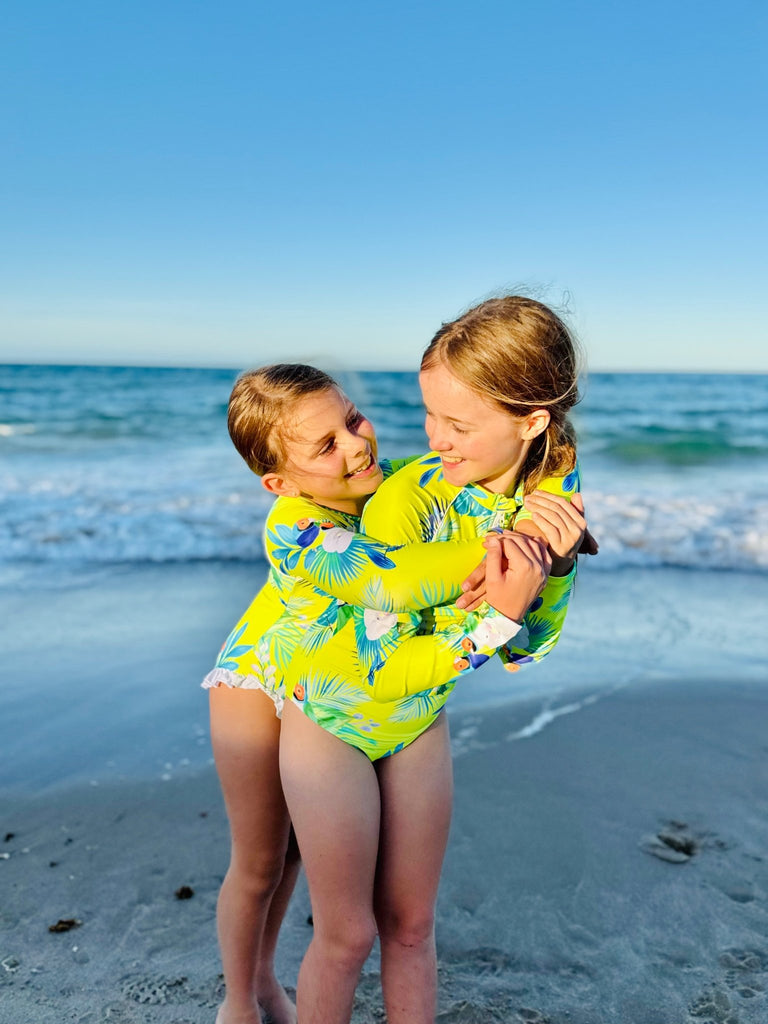 Girls Long Sleeve Swimsuit - Finch Fiesta | Neon Yellow - Tribe Tropical
