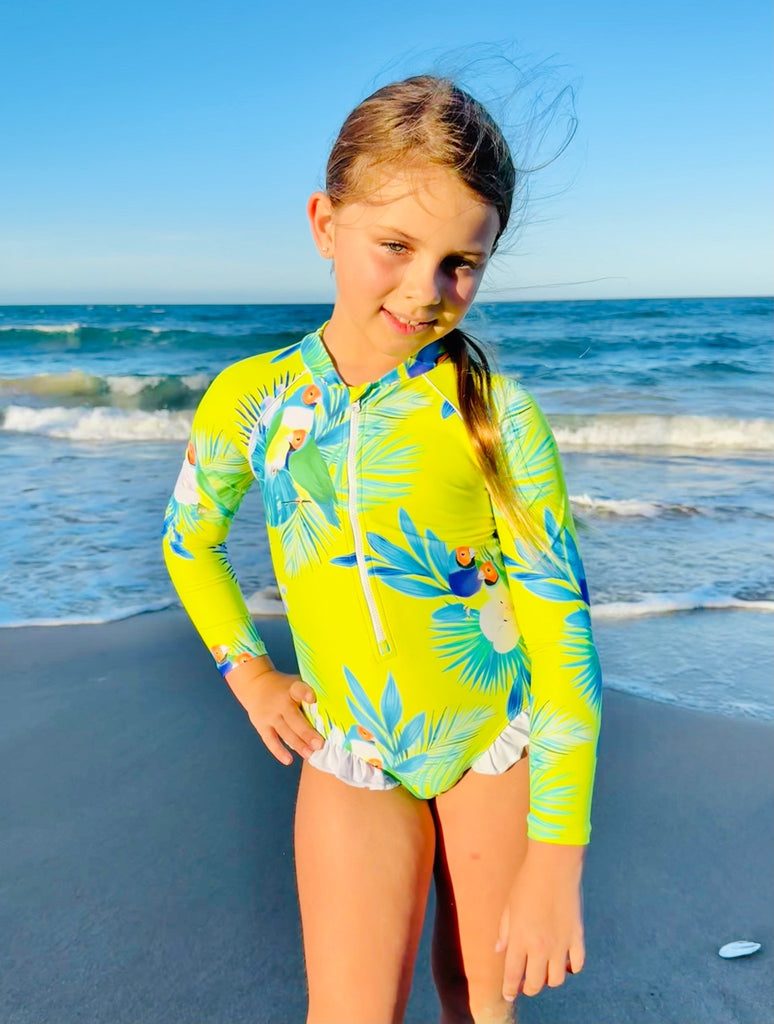 Girls Long Sleeve Swimsuit - Finch Fiesta | Neon Yellow - Tribe Tropical