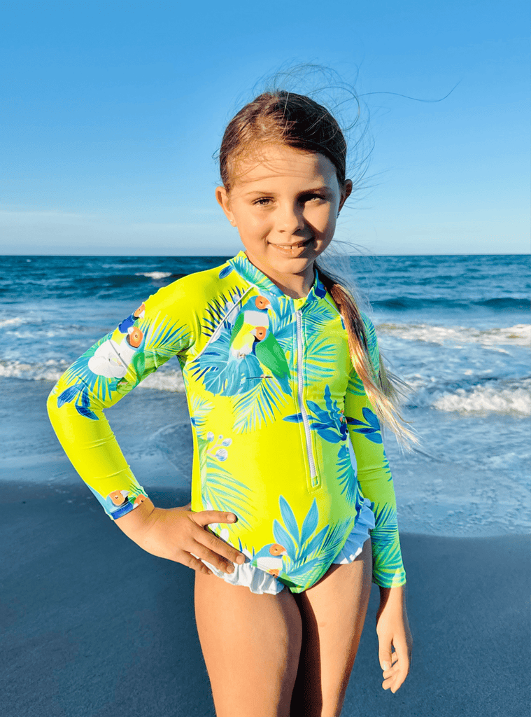 Girls Long Sleeve Swimsuit - Finch Fiesta | Neon Yellow - Tribe Tropical