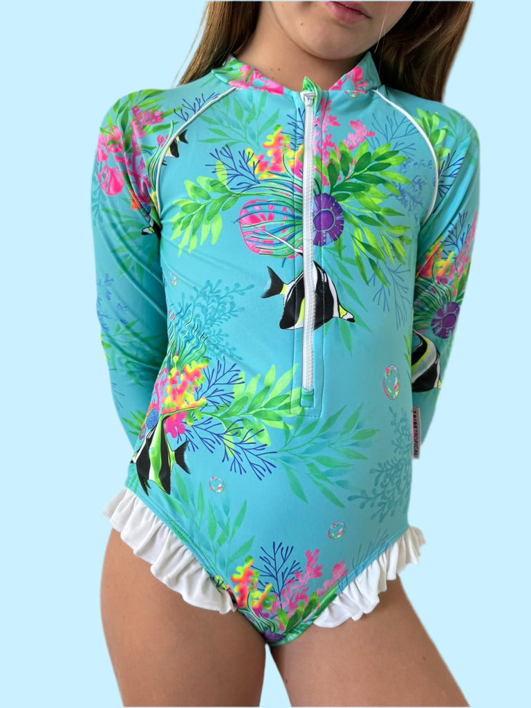 Girls Long Sleeve Swimsuit - Marine Mirage - Tribe Tropical