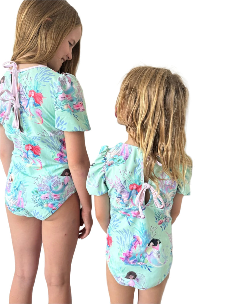 Girls Puff Sleeve Swimsuit (with back ties) - Mermaid Waters - Tribe Tropical