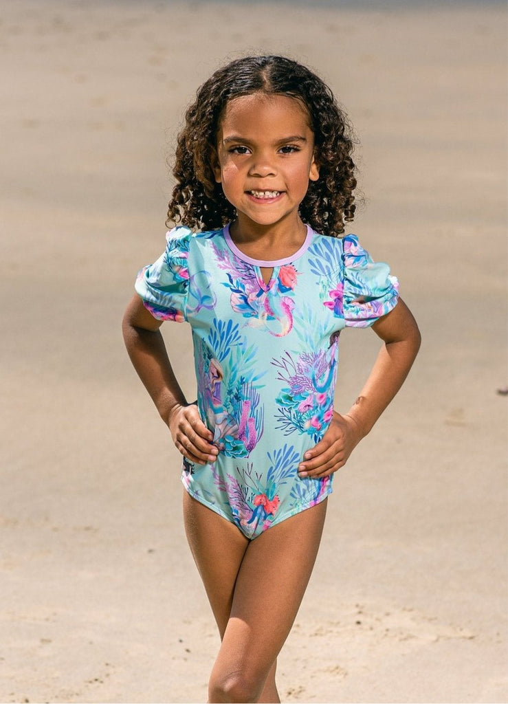 Girls Puff Sleeve Swimsuit (with back ties) - Mermaid Waters - Tribe Tropical