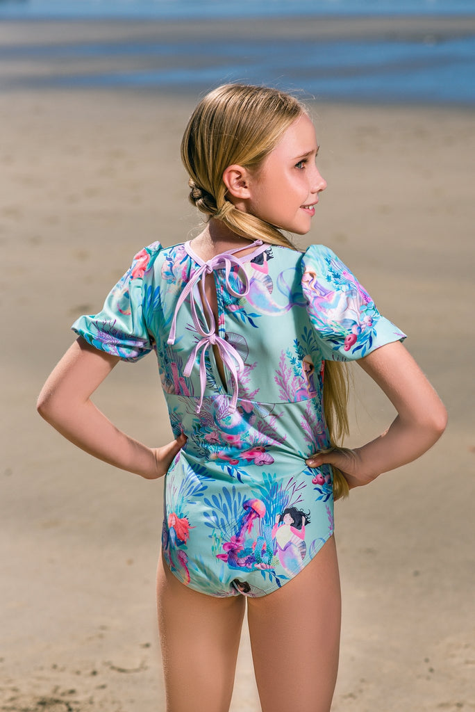 Girls Puff Sleeve Swimsuit (with back ties) - Mermaid Waters - Tribe Tropical