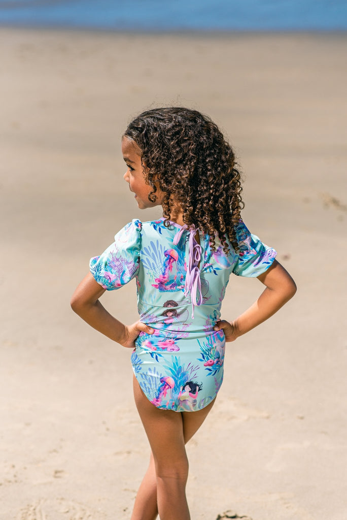 Girls Puff Sleeve Swimsuit (with back ties) - Mermaid Waters - Tribe Tropical