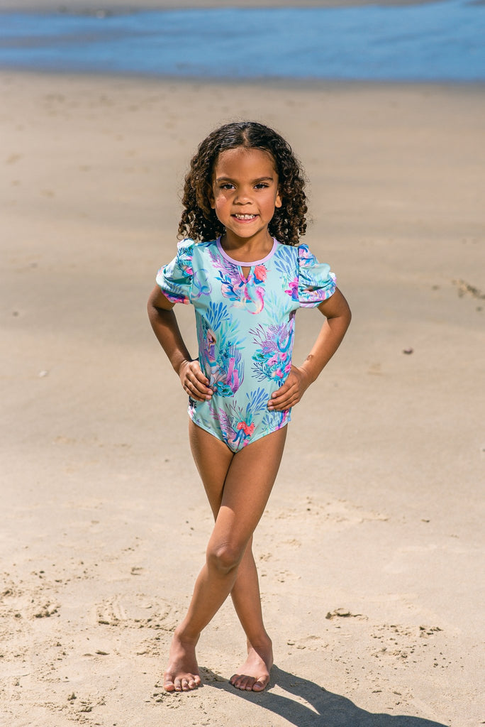 Girls Puff Sleeve Swimsuit (with back ties) - Mermaid Waters - Tribe Tropical