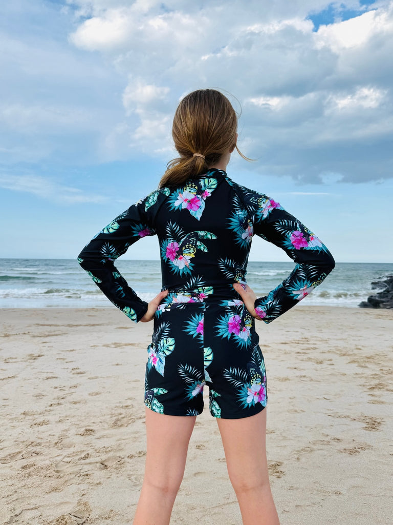 Girls Swim / Active Shorts with Tie - Daintree Dusk - Tribe Tropical