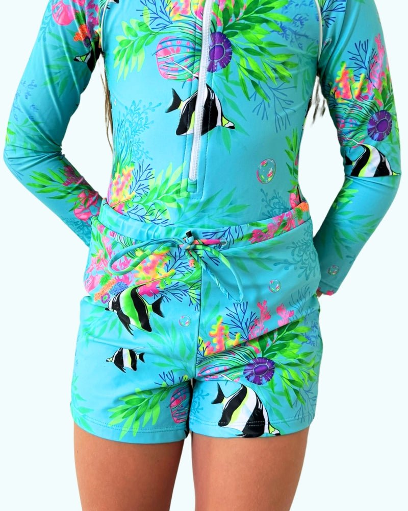 Girls Swim / Active Shorts with Tie - Marine Mirage - Tribe Tropical