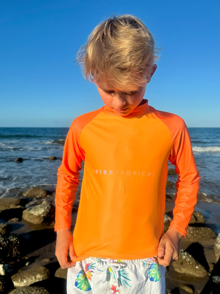 Kids Rash Guard Top - Tribe Tropical | Neon Orange (Unisex) - Tribe Tropical