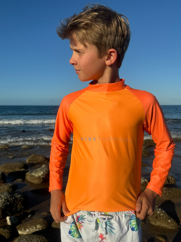 Kids Rash Guard Top - Tribe Tropical | Neon Orange (Unisex) - Tribe Tropical