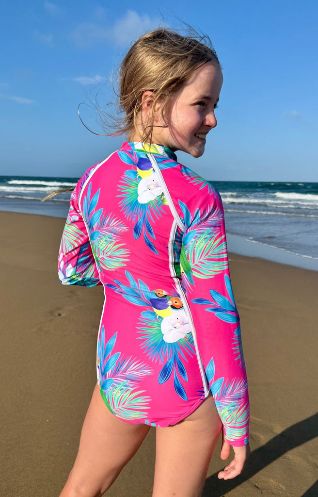 Teenage / Tween Girl Long - Sleeve Swimsuit - Finch Fiesta | Bright Pink - Tribe Tropical