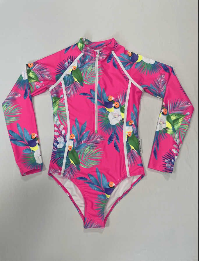 Teenage / Tween Girl Long - Sleeve Swimsuit - Finch Fiesta | Bright Pink - Tribe Tropical