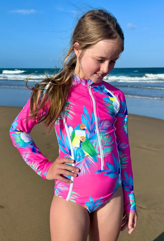 Teenage / Tween Girl Long - Sleeve Swimsuit - Finch Fiesta | Bright Pink - Tribe Tropical