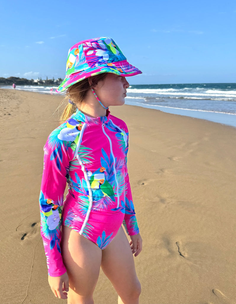 Teenage / Tween Girl Long - Sleeve Swimsuit - Finch Fiesta | Bright Pink - Tribe Tropical