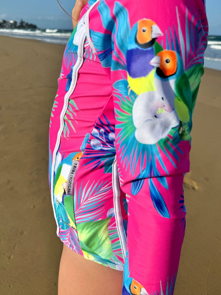 Teenage / Tween Girl Long - Sleeve Swimsuit - Finch Fiesta | Bright Pink - Tribe Tropical