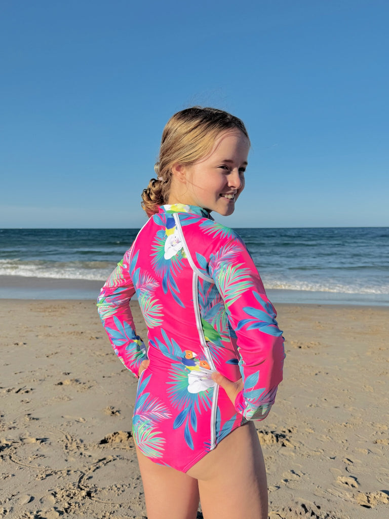 Teenage / Tween Girl Long - Sleeve Swimsuit - Finch Fiesta | Bright Pink - Tribe Tropical