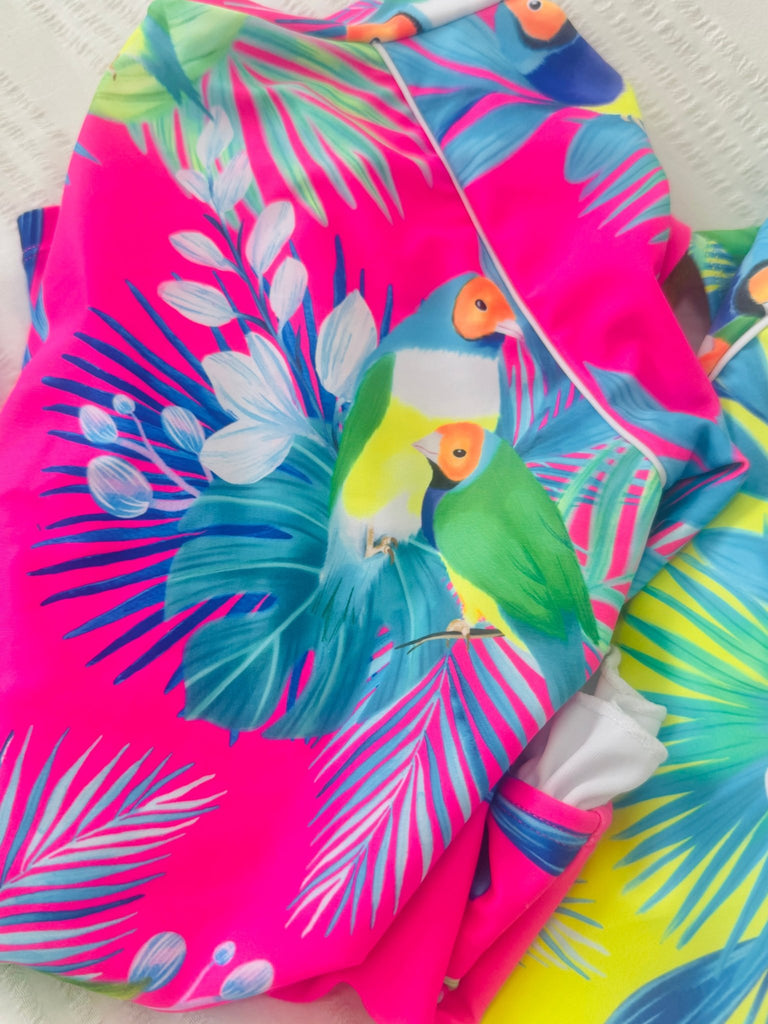 Teenage / Tween Girl Long - Sleeve Swimsuit - Finch Fiesta | Bright Pink - Tribe Tropical