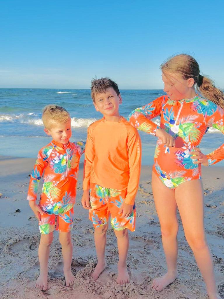 Teenage / Tween Girl Long - Sleeve Swimsuit - Finch Fiesta | Neon Orange - Tribe Tropical