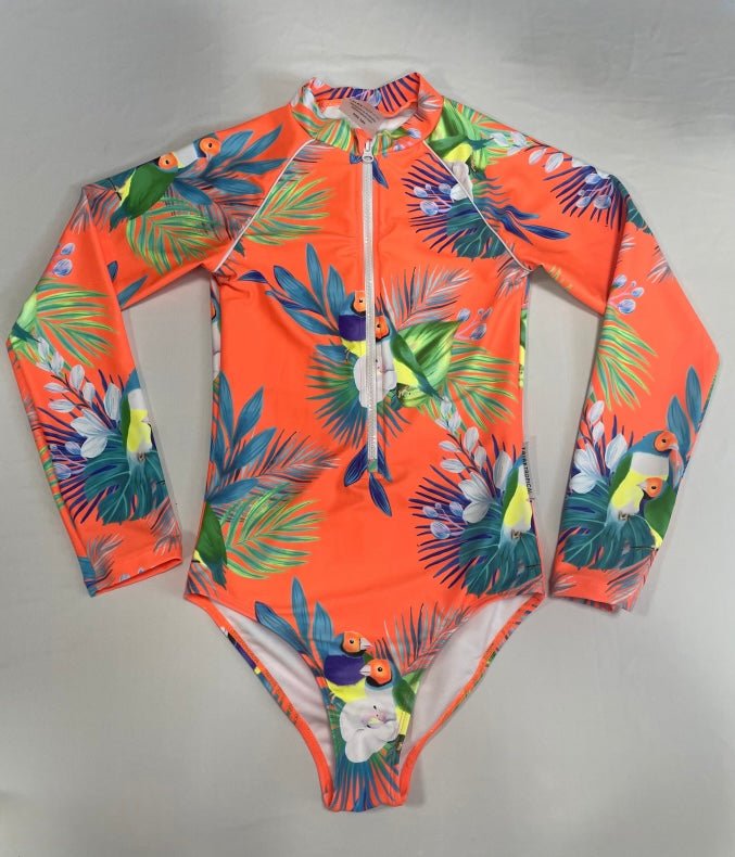 Teenage / Tween Girl Long - Sleeve Swimsuit - Finch Fiesta | Neon Orange - Tribe Tropical