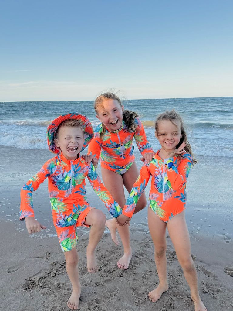Teenage / Tween Girl Long - Sleeve Swimsuit - Finch Fiesta | Neon Orange - Tribe Tropical