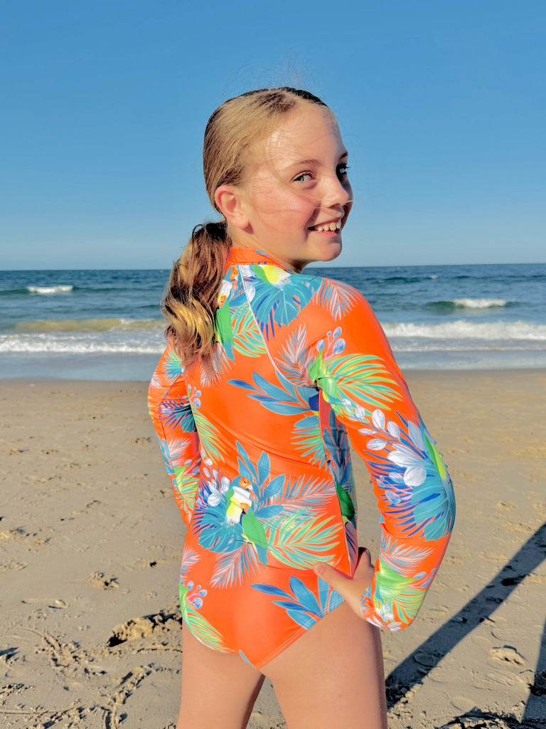 Teenage / Tween Girl Long - Sleeve Swimsuit - Finch Fiesta | Neon Orange - Tribe Tropical