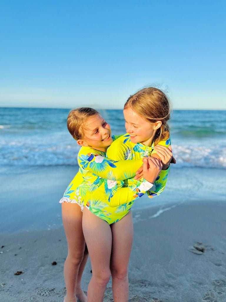 Teenage / Tween Girl Long - Sleeve Swimsuit - Finch Fiesta | Neon Yellow - Tribe Tropical