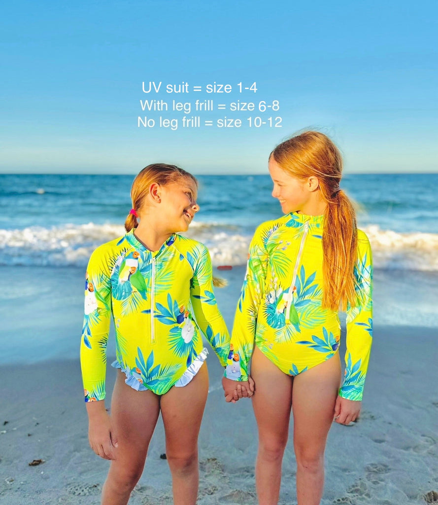 Teenage / Tween Girl Long - Sleeve Swimsuit - Finch Fiesta | Neon Yellow - Tribe Tropical