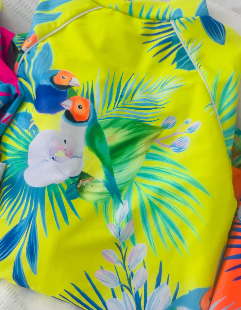 Teenage / Tween Girl Long - Sleeve Swimsuit - Finch Fiesta | Neon Yellow - Tribe Tropical