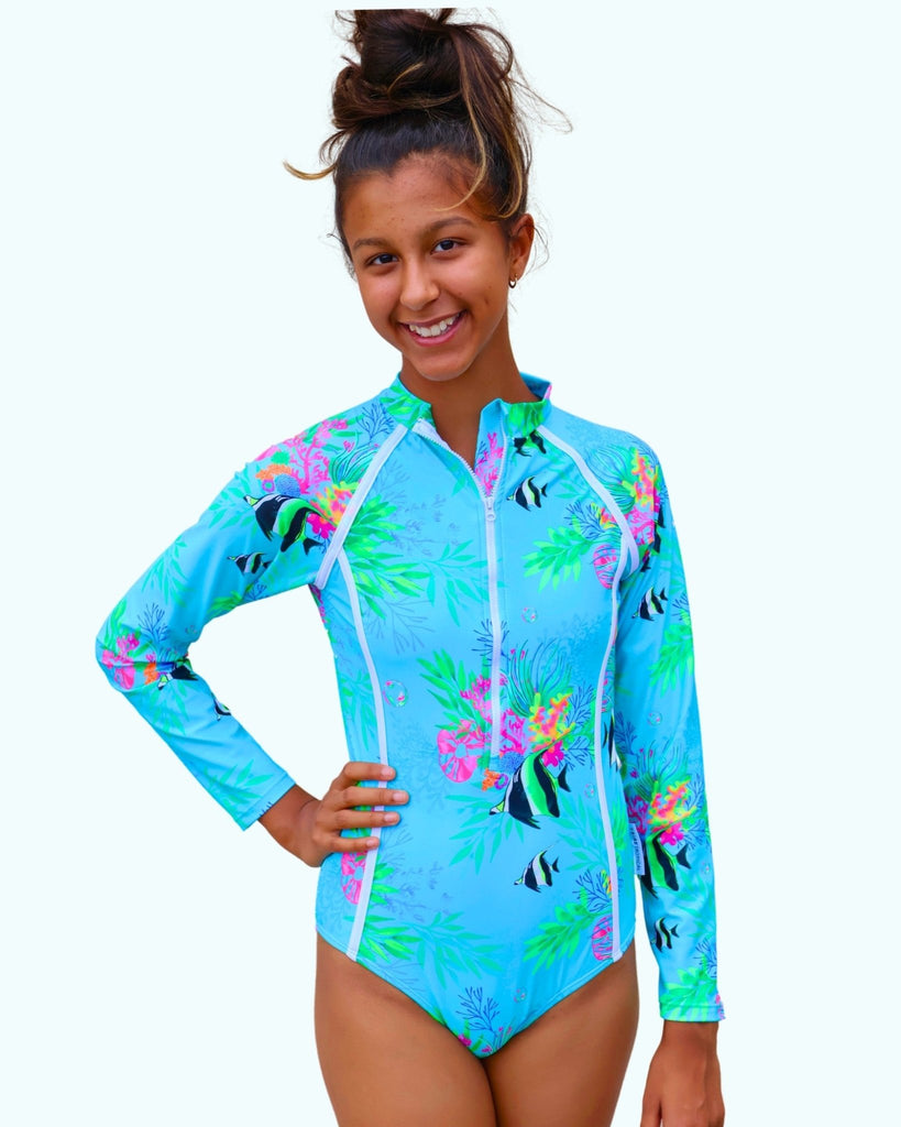 Teenage / Tween Girl Long - Sleeve Swimsuit - Marine Mirage - Tribe Tropical