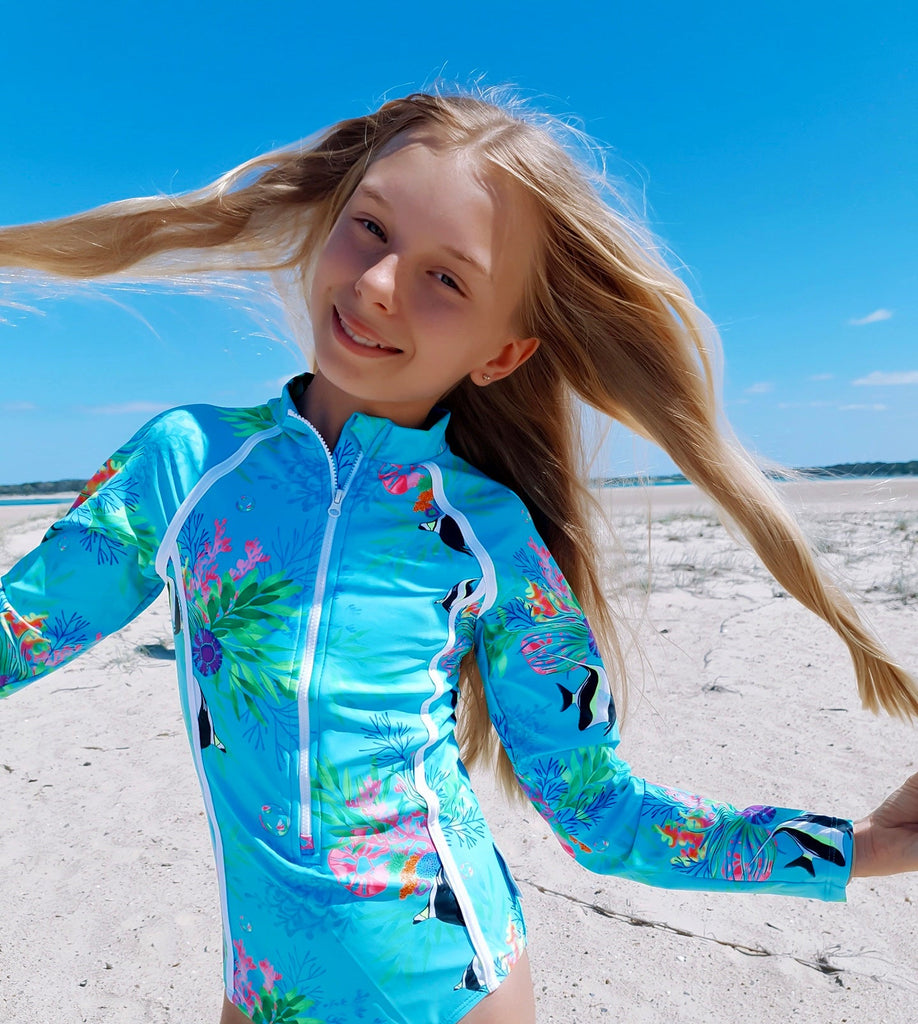 Teenage / Tween Girl Long - Sleeve Swimsuit - Marine Mirage - Tribe Tropical