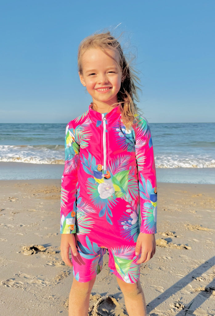 Toddler UV Suit With Snaps - Finch Fiesta | Bright Pink (Unisex age 1 - 5) - Tribe Tropical