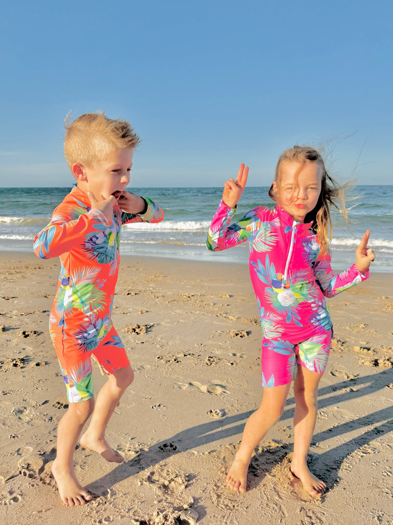 Toddler UV Suit With Snaps - Finch Fiesta | Bright Pink (Unisex age 1 - 5) - Tribe Tropical