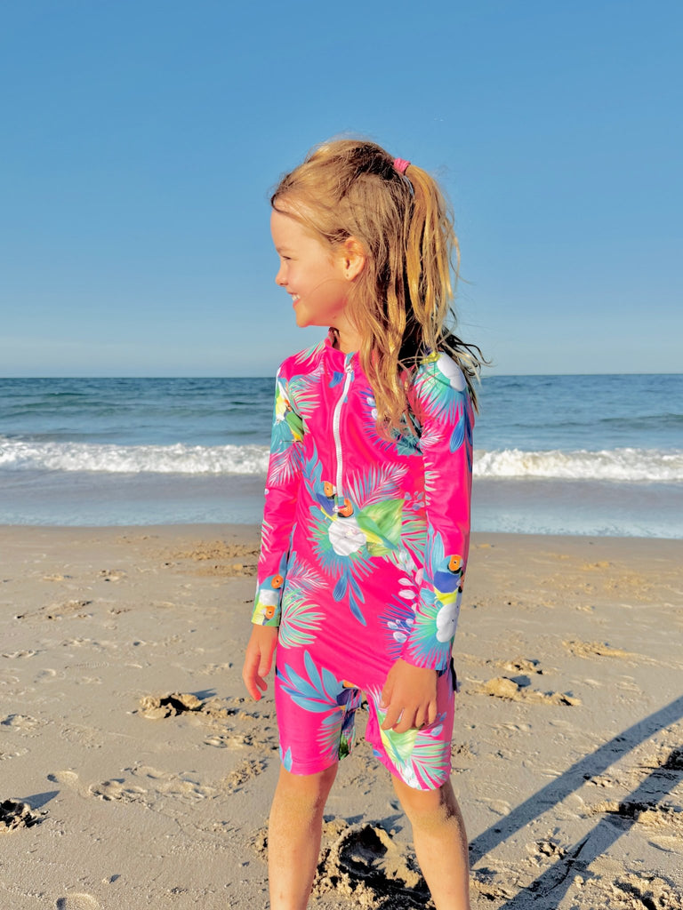Toddler UV Suit With Snaps - Finch Fiesta | Bright Pink (Unisex age 1 - 5) - Tribe Tropical